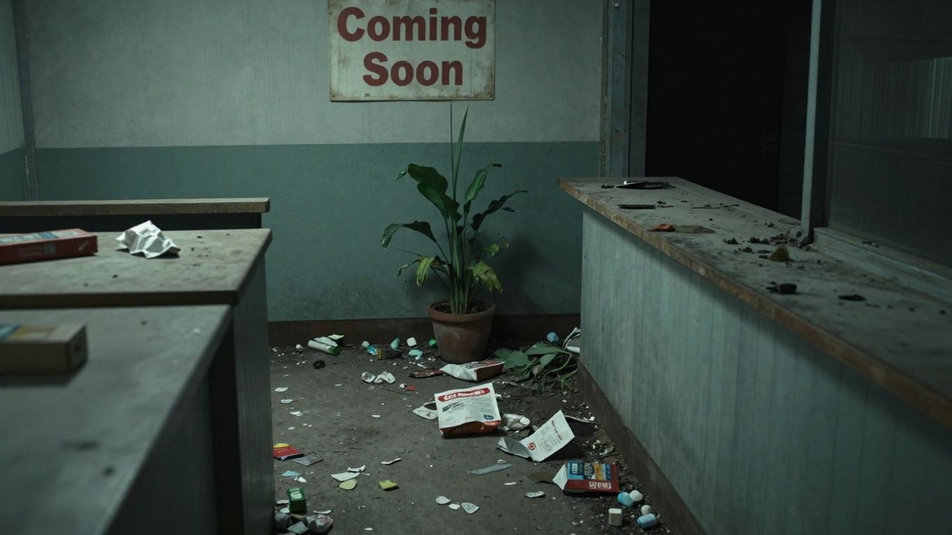Abandoned storefront with scattered food packaging and wilting plant.